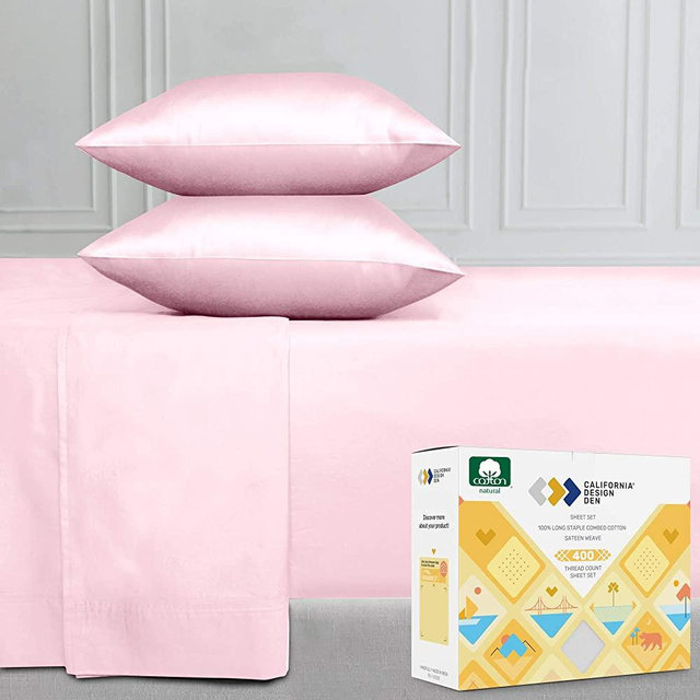 California Design Den 400 Thread Count 100% Cotton Sheet Set, Pink King Sheets 4 Piece Set, Long-Staple Combed Pure Natural Cotton Bedsheets, Soft & Silky Sateen Weave by California Design Den
