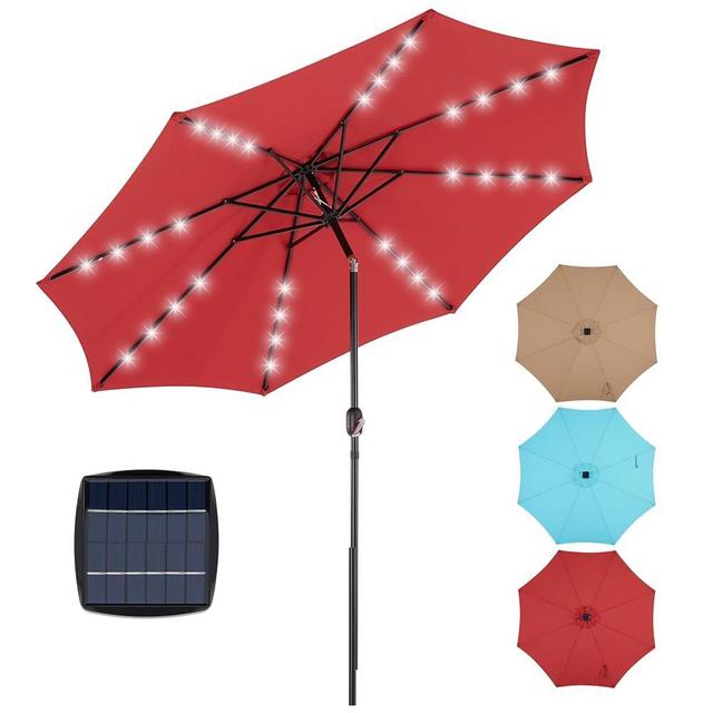 OLIXIS 10FT Solar Patio Umbrella with 32 LED Lights, Tilt and Crank Button & 8 Sturdy Ribs Waterproof, Patio Table Umbrella Perfect for Poolside, Terrace, Beach and Outdoor Restaurant, Red