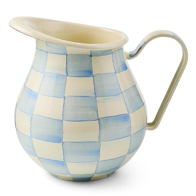 MACKENZIE-CHILDS Enamel Pitcher with Spout for Water, Cut Flowers, and Home Decor, 3 Quarts, Light-Blue-and-White Sky Check