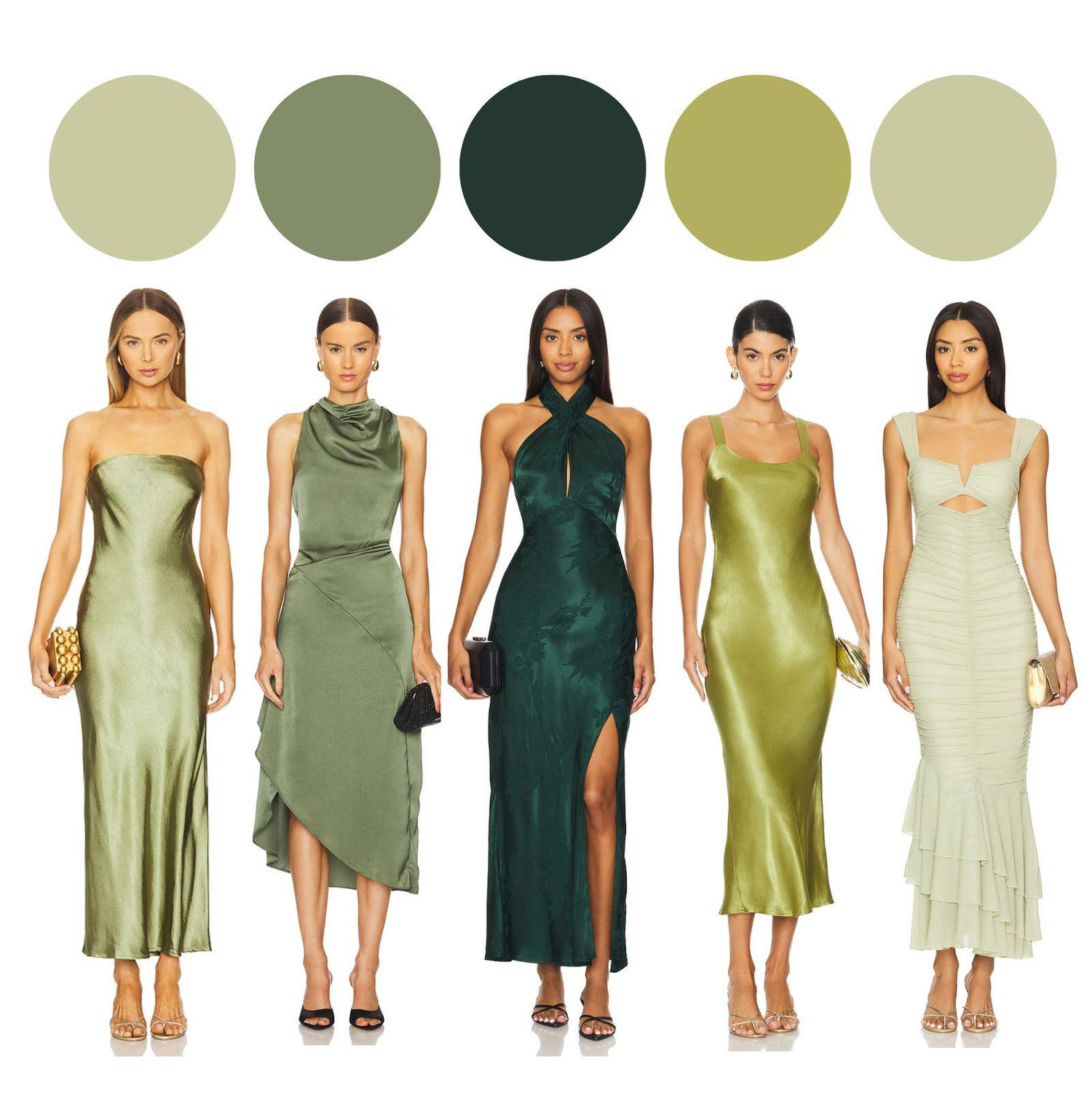 For the Ladies:
Family members are invited to wear ANY SHADE OF GREEN From soft pastels to vibrant emeralds, we appreciate your contribution to our wedding's color palette.