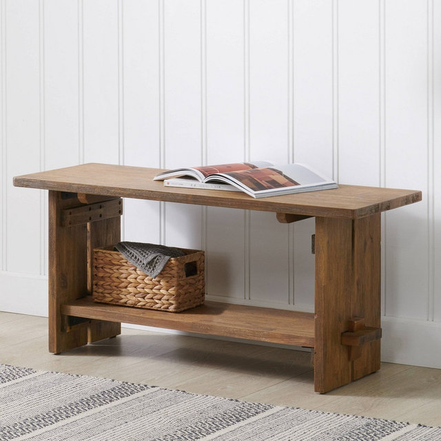 40" Bethel Acacia Wood Bench - Alaterre Furniture: Rustic Bohemian Style, Solid Acacia Frame, Shelving & Storage