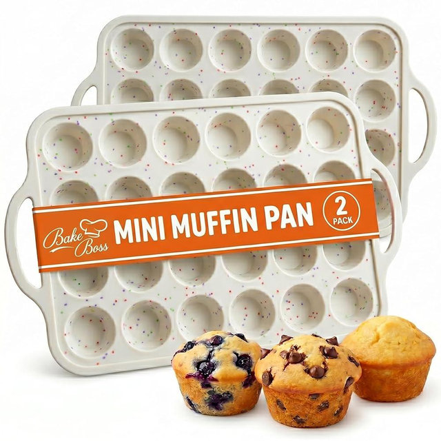 BAKE BOSS Mini Muffin Pan Silicone 24 Cup 2 Pack – Metal Reinforced Frame Nonstick Silicone Molds for Baking Muffins, Egg Bites & Cupcakes – LFGB BPA-Free, Dishwasher Safe, Cream