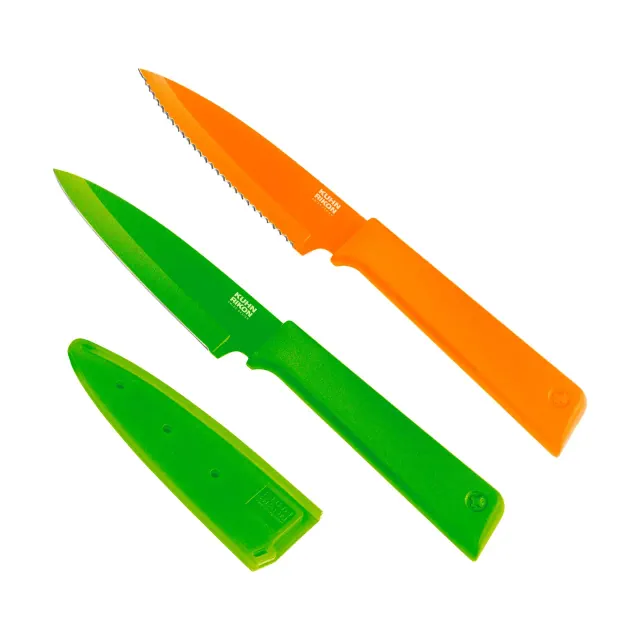 Kuhn Rikon Colori+ Prep Set, Set of 2 Serrated & Paring Knives, 4-Inch, Orange/Green