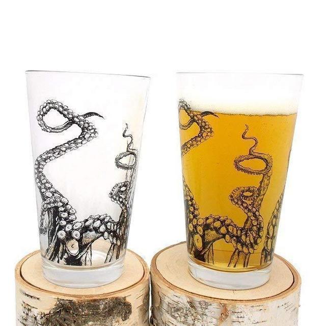 Pint Glasses by Black Lantern – Handmade Craft Beer Glasses and Bar Glassware – Octopus Tentacles Design (Set of Two 16oz. Glasses)