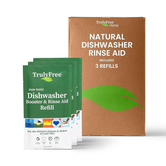 Truly Free Natural Dishwasher Booster & Rinse Aid - Non-Toxic Dishwashing Aid Formula, Removes Residue & Tough Dish Stains, Water Spot Remover - Pack of 3
