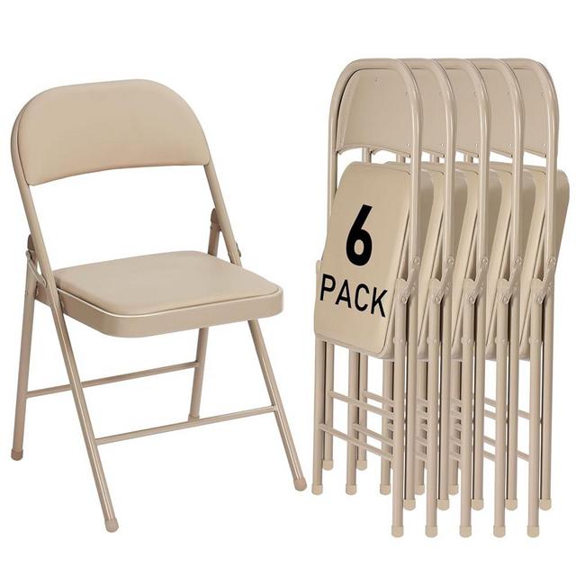 6 Pack Khaki Folding Chairs with Padded Cushion and Back for Outside Portable Stackable Commercial Foldable Chairs with Steel Frame for Events Office Wedding Party, 350lbs Capacity