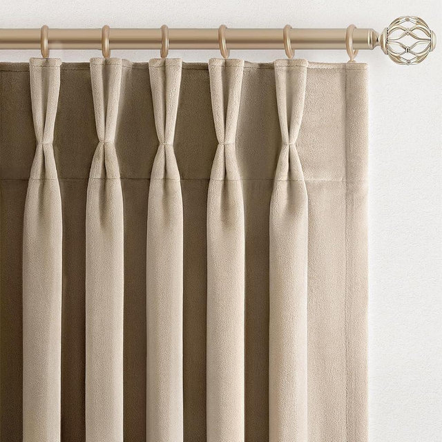 Drapenova 90 Inch Long Camel Velvet Curtains for Living Room Bedroom Beige Modern Elegant Decorative Pinch Pleated Drapes Room Darkening Window Treatment with Hooks,40" Wx90 L,2 Panels,Khaki