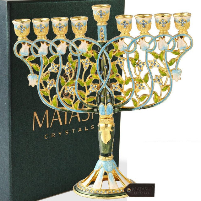 Matashi Tall Hand Painted Enamel Menorah Candelabra Embellished with Flowers Design Gold Accents and Blue Crystals Jewish Candle Holder Holy Land Gift Showpiece for Living Room (7.5 inch)