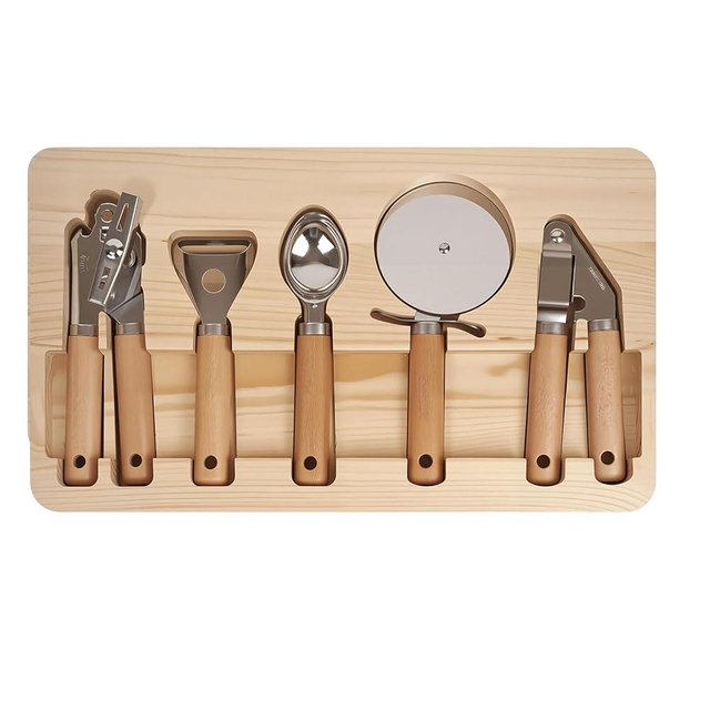 Cathyeen Stainless Steel Kitchen Gadget with Wood Organizer - Can Opener, Vegetable Peeler, Ice Cream Scoop, Pizza Cutter, Garlic Press - Kitchen Tools and Gadgets 2025 Cooking Kitchen Essentials