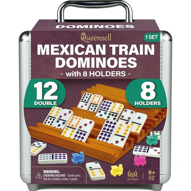 Queensell Mexican Train Dominoes Set with Wooden Hub, Domino Tile Board Games - Double 12 Dominos Set for Family Game Night for Adults and Kids Ages 8 and up (D12 + 8 Holders)