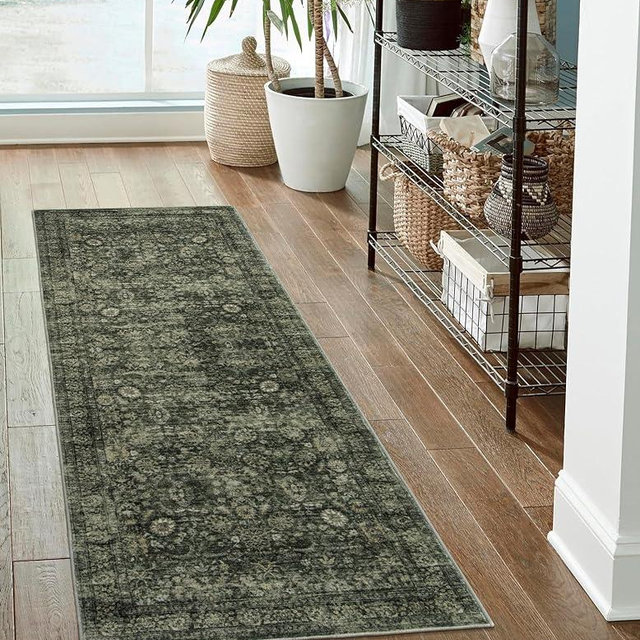 Morebes Vintage Washable Kitchen Rugs Non Slip,2x6 Runners for Hallways,Floral Boho Bathroom Runner Rug,Non Shedding Soft Throw Carpet for Laundry Floor Indoor, Dark Green