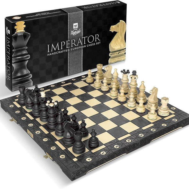Wegiel Imperator 21-Inch Luxury Wooden Chess Set for Adults and Kids - Handcrafted from Premium Beech and Birch Wood - Unique Folding Design with Chess Piece Storage, Black
