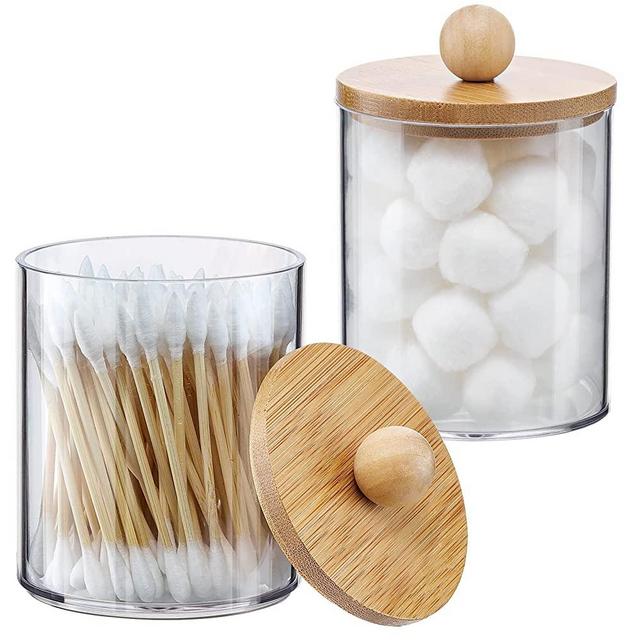 2 Pack Qtip Holder Dispenser with Bamboo Lids - 10 oz Clear Plastic Apothecary Jar Containers for Vanity Makeup Organizer Storage - Bathroom Accessories Set for Cotton Swab, Ball, Pads, Floss