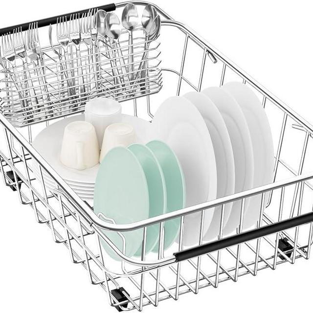 Fanbsy Large Dish Drainer Rack in Sink Adjustable, Expandable 304 Stainless Steel Metal Dish Drying Rack Organizer with Stainless Steel Utensil Holder Over Inside Sink Counter, Rustproof