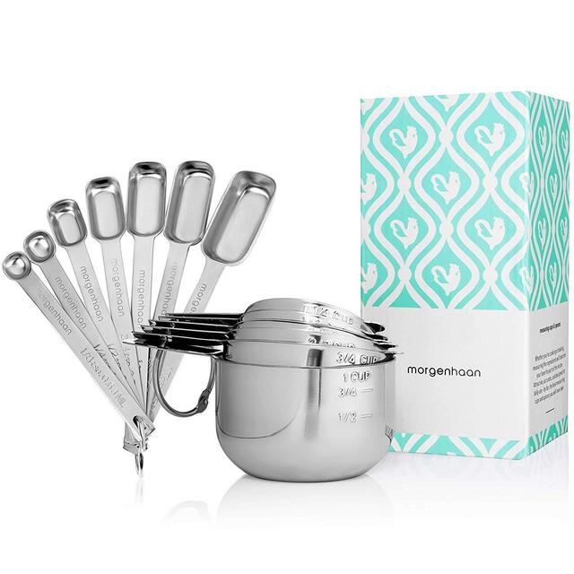 Stainless Steel Measuring Cups and Spoons, Set of 13 Pieces: Durable, Elegant All-in-One Kitchen Measuring Set for Dry and Liquid Ingredients - 7 Stackable Spoons and 6 Nesting Cups for Easy Storage
