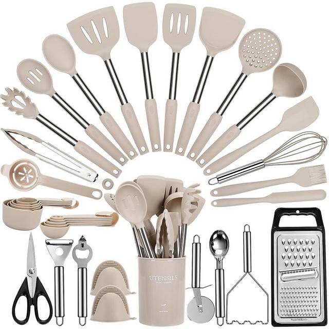 Large Cooking Utensils Set, 35 Pcs Spatula Set with Holder, Silicone Kitchen Utensils Set with Stainless Steel Handle, Cheese Grater, Scissors, Ice Cream Scoop, Pizza Cutter Kitchen Gadgets (Khaki)