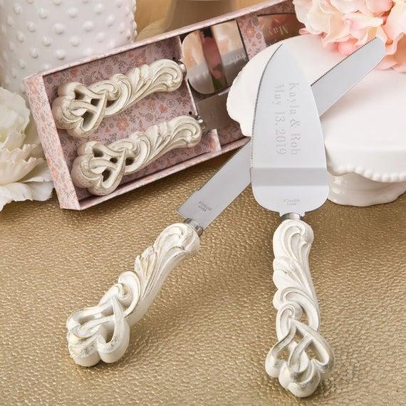 Engraved Vintage Double Heart Design Knife And Cake Server Set