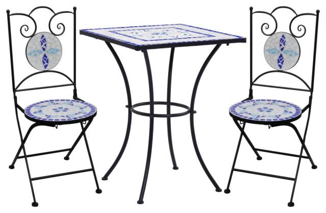 vidaXL 3 Piece Mosaic Bistro Set Ceramic Tile Blue and White Balcony Table Set