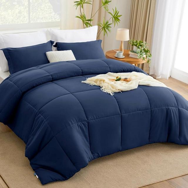 CozyLux King Comforter Set - Navy Blue Comforter King Size, 3 Pieces Box Stitched Bed Set for All Seasons, Soft Lightweight Bedding Sets with 1 Down Alternative Comforter and 2 Pillow Shams