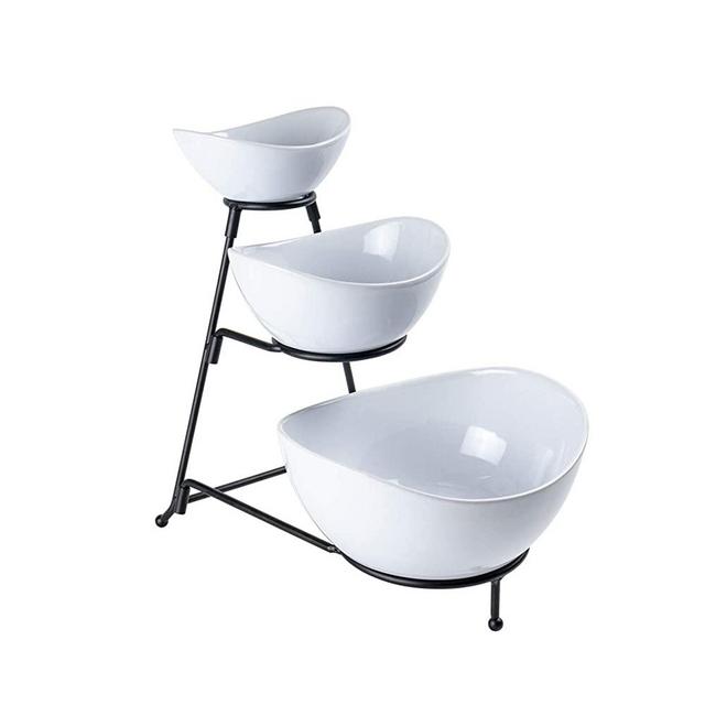 UNICASA Serving Bowls, 3 Tier Oval Bowl Set with Collapsible Sturdier Metal Rack, Porcelain Tiered Serving Stand, Fruit Stand, Snack Food Server for Candy, Dessert, Appetizer, Cake, Chip and Dip Set