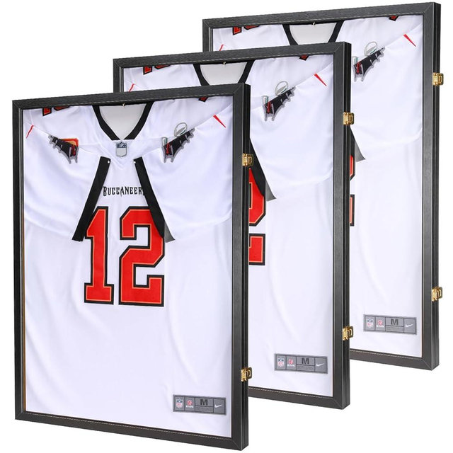 GUTAG Jersey Wooden Frame Display Case -Shadow Box with 98% UV Protection Acrylic and Hanger for Baseball Basketball Football Hockey Sport Shirt and Uniform (Black, 3 Packs)