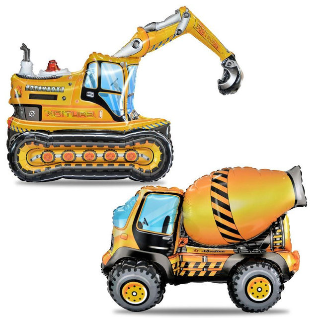 ‌2PCS Self Standing Construction Balloons 4D Excavator Mixer Truck Birthday Decorations, Heavy Duty Construction Themed Birthday Party Supplies for Kids Boys Birthday, Baby Shower (Construction)