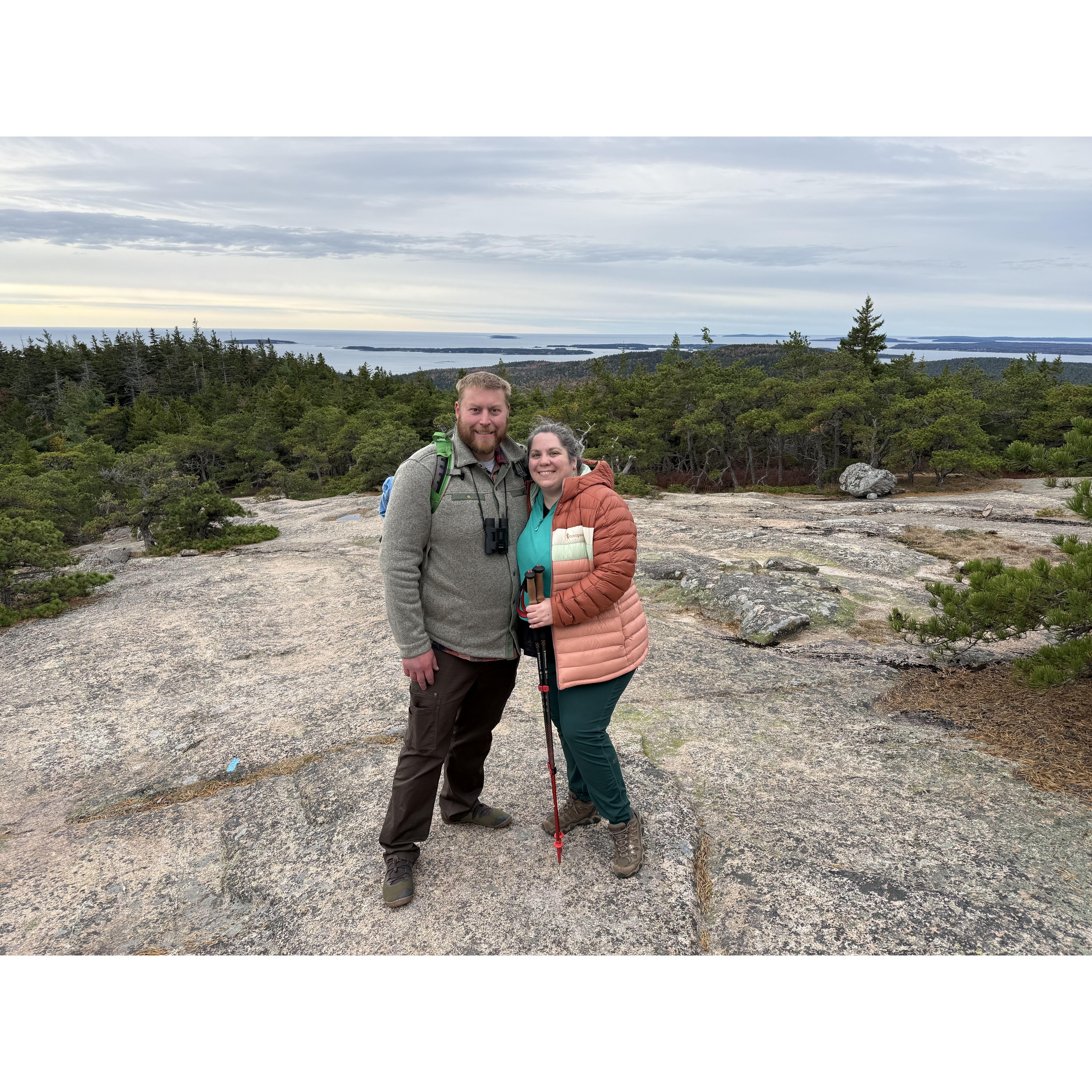 Hiking down Cadillac Mountain at Acadia National Park. Despite her happy face, Molly was complaining the whole way down after this sunrise hike :)