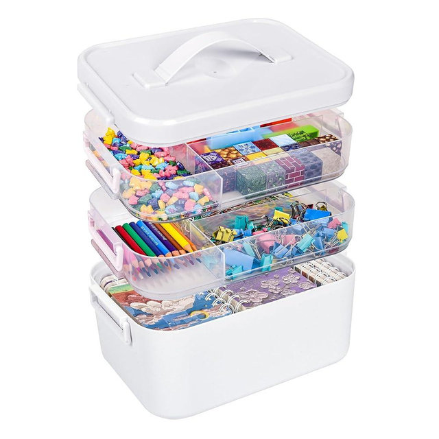 MERATIA 13.3 QT Stackable Craft Storage Organizer Box with Handle, White, 3 Removable Trays for Art Supplies and Crafting 11.1''x7.7''x9.1''(3 Layer-White)