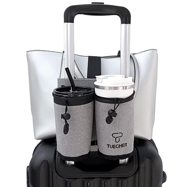 Tuegher 3 in 1 Travel Luggage Cup Holder, Luggage Straps, Shoulder Bag for Suitcases add a Bag, Travel Carry-on Luggage Helper, Adjustable Suitcase Travel Accessory for Duffel, Tote, Laptop Bag (Grey)