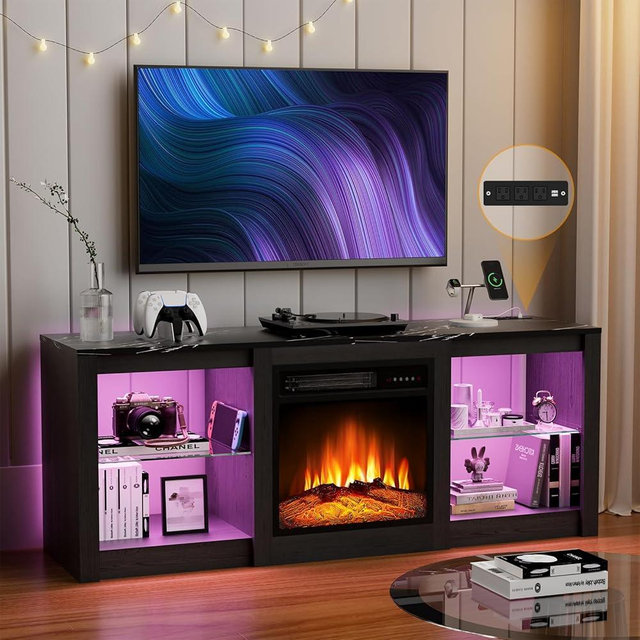 BREEZEHEAT 58 inch TV Stand with 18" Fireplace Inserts-Led Entertainment Center for TVs Up to 65"-TV Console for Living Room with Glass Shelves, LED Lights and Power Outlets (Black)