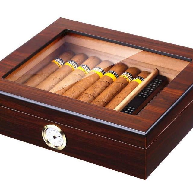 Handmade Cigar Humidor, Cedar Cigar Desktop Box with Humidifier and Hygrometer, Glass Top for 25 Cigars (20-25 Cigars)