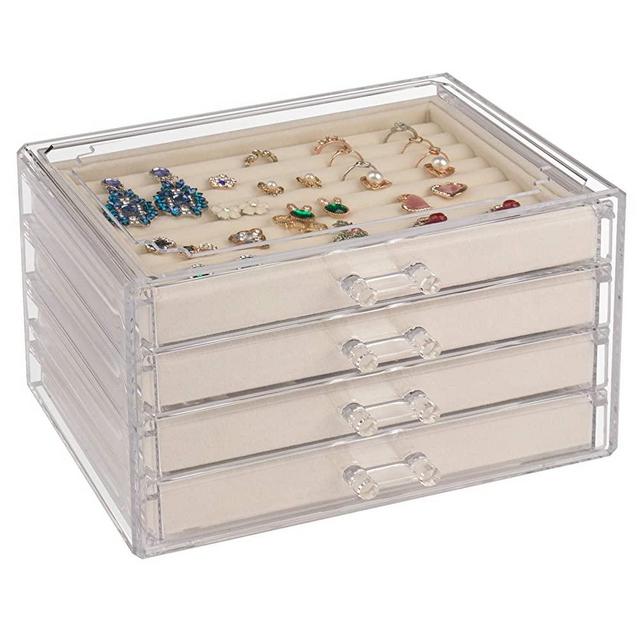 Weiai Clear Jewelry Box, Acrylic Jewelry Organizer with 4 Drawers，Velvet Display Case Storage Earring Rings Necklaces and Bracelets for Women, Girls (Beige)