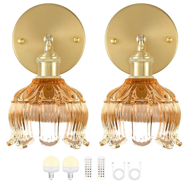 FFVU Vintage Battery Wall Sconce with Flower lampshade,Rechargeable Battery Powered Wall Lights,Wall lamp with 15 Colors for Bedroom Living Room Home Decor (Flower Amber, 2 Light Battery Operated)