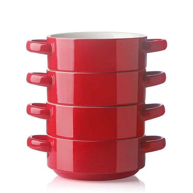 SWEEJAR Ceramic Soup Bowl with Double Handles, 20 Oz Stacked Bowls for French Onion Soup, Cereal, Stew, Chill, Pasta, Set of 4 (Red)