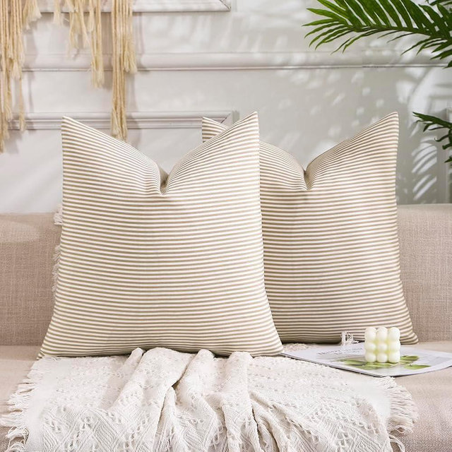 CARRIE HOME Brown Khaki Tan Striped Decorative Pillow Covers 18x18 Set of 2, Neutral Modern Farmhouse Dark Brown Couch Throw Pillows for Living Room 18 x 18 (No Pillow Inserts)