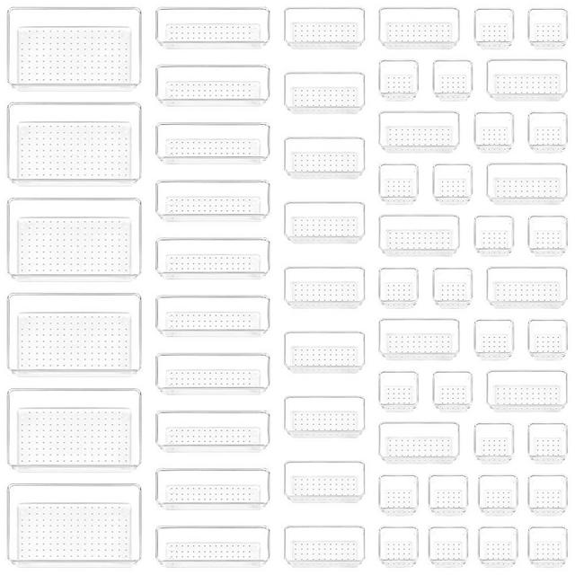 Vtopmart 60 PCS Drawer Organizer, 4-Size Clear Plastic Drawer Organizer Bins Containers for Bathroom and Vanity Storage, Home Organization for Makeup, Kitchen Utensils