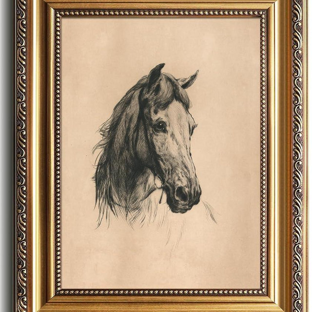 uniro Vintage Gold Framed Wall Art, Farmhouse Decor Horse Etching Sketch Canvas Art Prints Painting, Antique Neutral horse Picture Western Wall Decor, Rustic Animal Farm Drawing Equestrian Wall Art for Bedroom, Gallary, Living Room, Office, Cottagecore decor, Horse Lover Gift - 9x12Inch