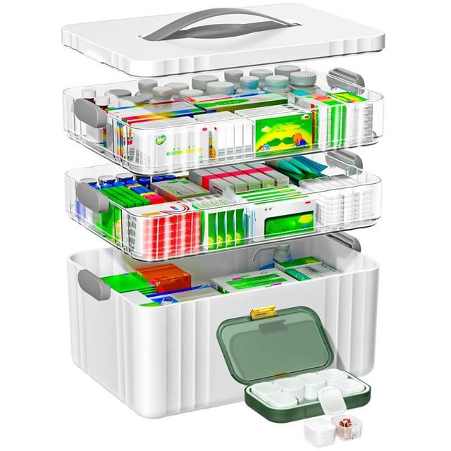 ARSTPEOE 3-Tier Medicine Organizer - Portable Medicine Cabinet with Leather Handle, Multipurpose Medical Box with Pill Box, Empty First Aid Kit for Home