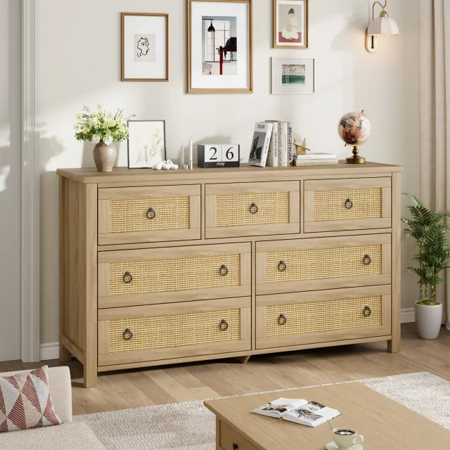 Rattan 7 Dresser for Bedroom, 55" Wide Dresser, Boho Wide Drawer Dresser with Storage, Wooden Closet Drawers Freestanding for Bedroom, Natural