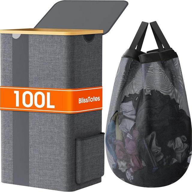 BlissTotes Laundry Basket with Lid, 100L Clothes Laundry Hamper with Handles and Removable Laundry Bag, Breathable Design Hamper with Lid for Bedroom, Bathroom, Dorm, Laundry Room - Light Grey