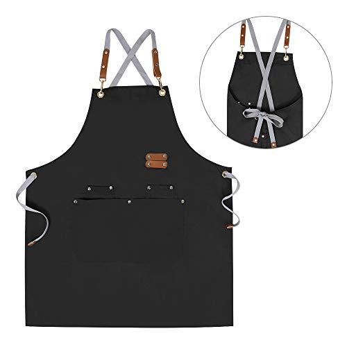 Chef Apron,Cross Back Apron for Men Women with Adjustable Straps and Large Pockets,Canvas,M-XXL, Black