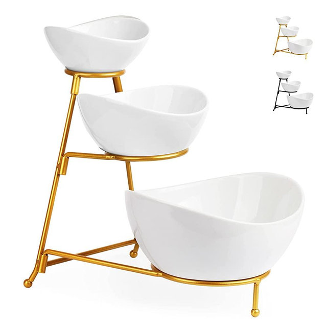 3 Tier Serving Stand Tiered Serving Trays/Bowls Collapsible Sturdier Rack with 3 Porcelain Serving Platters/Bowls for Fruit Dessert Presentation Party Display Set