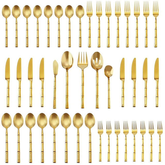 SILWELL Silverware Serving Set 45-Piece Mirror Polishing Stainless Steel Gold Flatware Set Bamboo Pattern Cutlery Set Service for 8