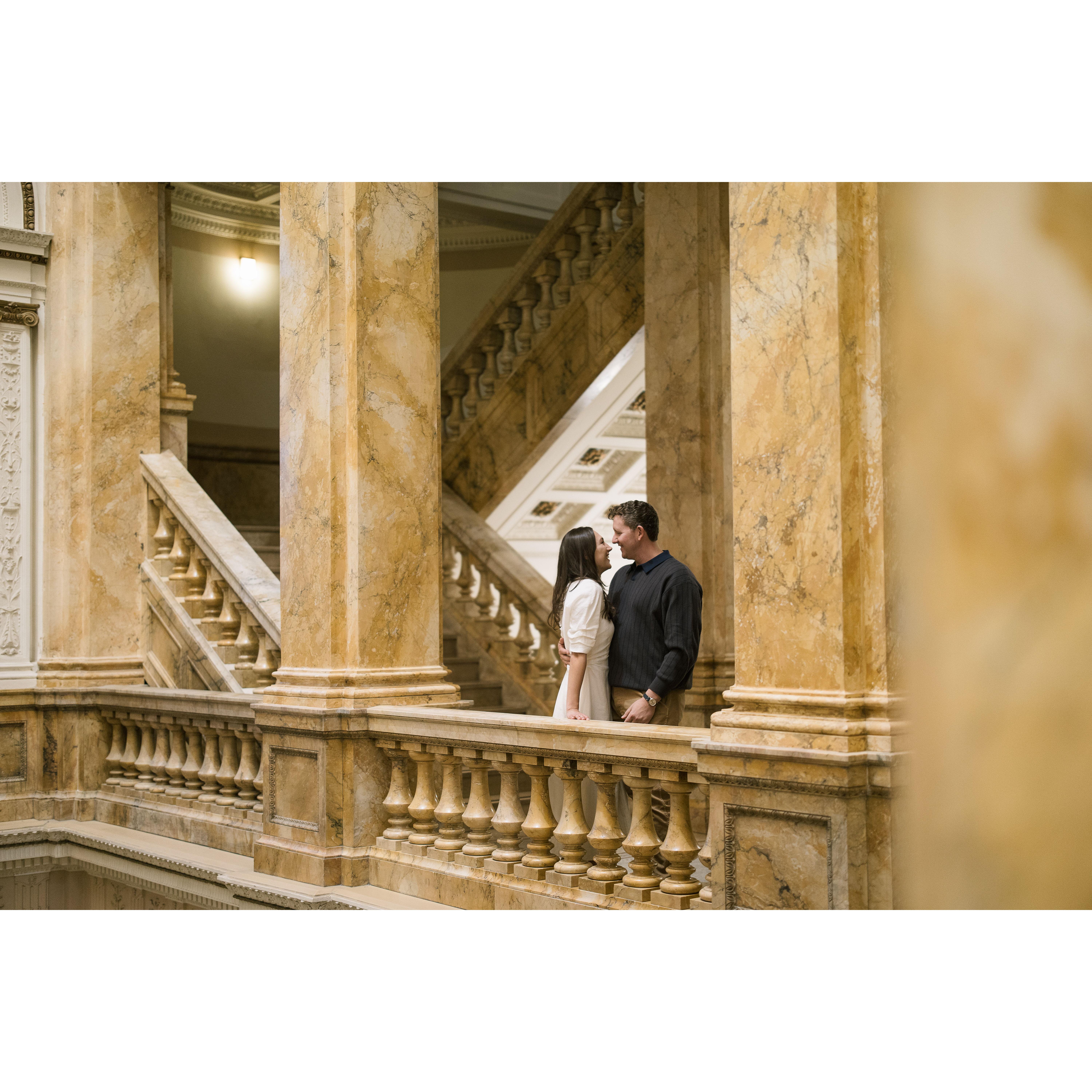 We took engagement photos with our wedding photographer. We're pictured here in the Milwaukee Public Library.