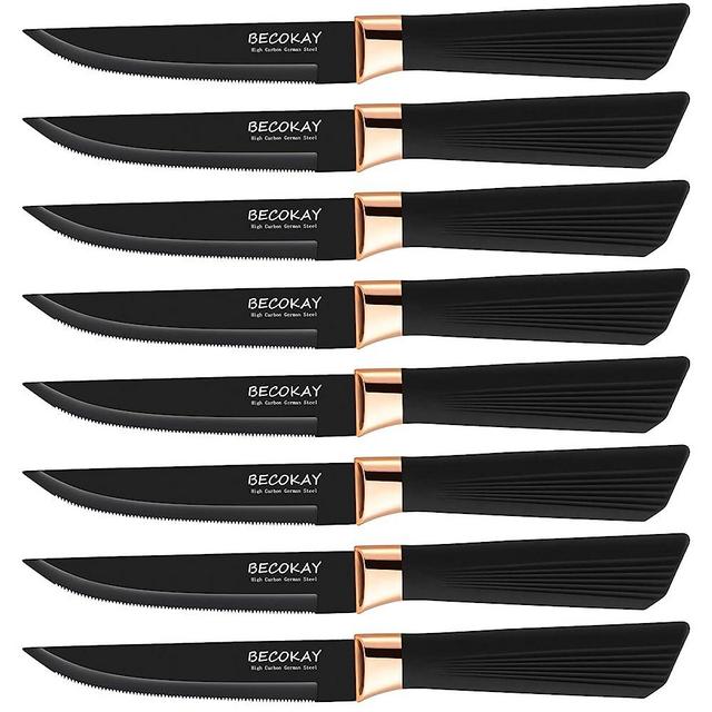 BECOKAY Steak Knives, Steak Knives Set of 8, German Steel Serrated Steak Knife, Dinner Steak Knives, Ultra Sharp Steak Knives Set with Ergonomically Designed Soft Touch Handle (Black)