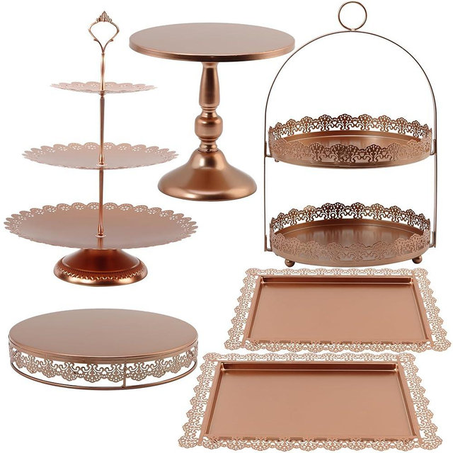 6 Pcs Rose Gold Cake Stands Set, QENUIITEA Cake Display Pedestal Tiered Cupcake Holder Dessert Plate Serving Tower Tray Decorative for Wedding Birthday Party Baby Shower Celebration