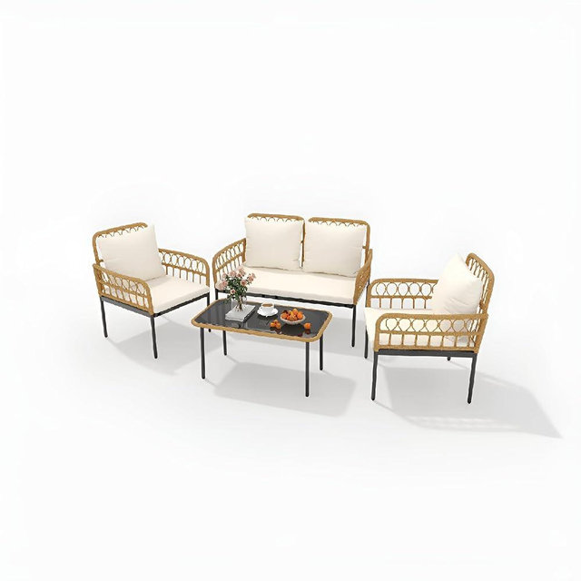 Sunvasagoo 4 Pieces Patio Furniture Set Outdoor Wicker Rattan Bistro Set with Glass Table and Thick Cushions Boho Loveseat Chairs for Balcony Garden Backyard Poolside，Beige