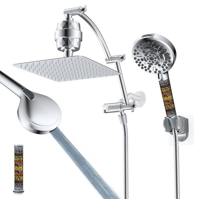 Hibbent All Metal 10'' Dual Filtered Rainfall Shower Head Combo, High Pressure Handheld Shower Head with 16'' Adjustable Arc Extension Arm, 20 Stage Shower Filter, 10-spray, 71'' Shower Hose, Chrome