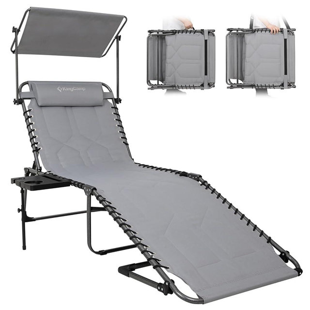 KingCamp Oversized Lounge Chair, Folding Portable Adjustable 5-Position Tanning Chairs 400lbs Heavy Duty Padded Recliner with Canopy Shade Side Desk for Outdoor Patio Beach Sun Bathing Pool