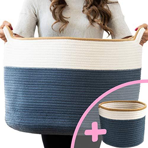 Little Hippo 2pc XXXL Large Cotton Rope Basket (22"x14") 100% Natural Cotton! Rope Basket, Woven Storage Basket, Large Basket, Blanket Basket Living Room, Toy Basket, Pillow Basket, Round Basket